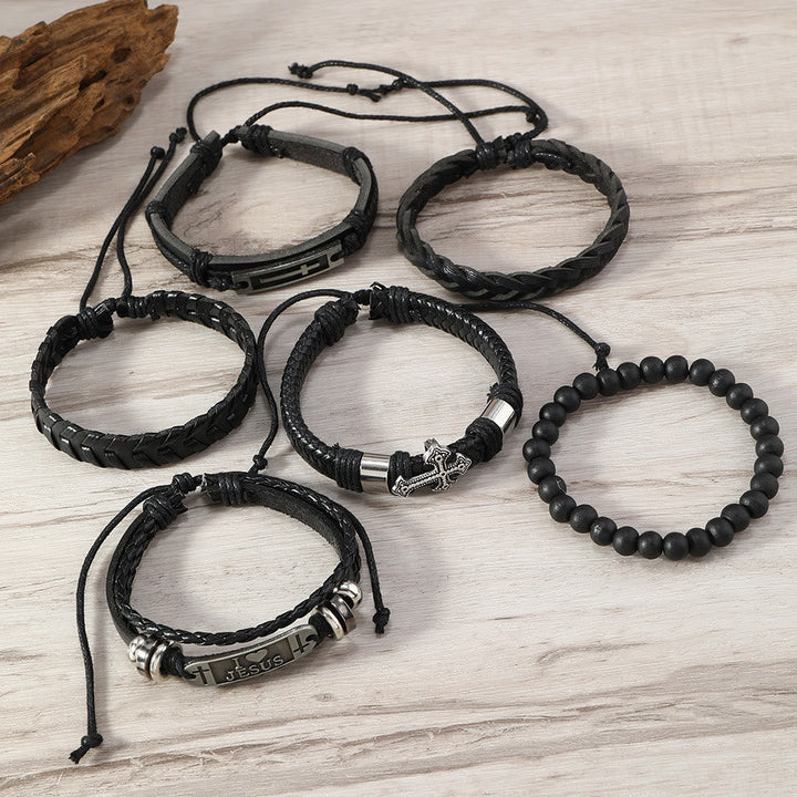 Faith-Driven Leather Bracelet Set of 6: Devotion & Stylish Expression