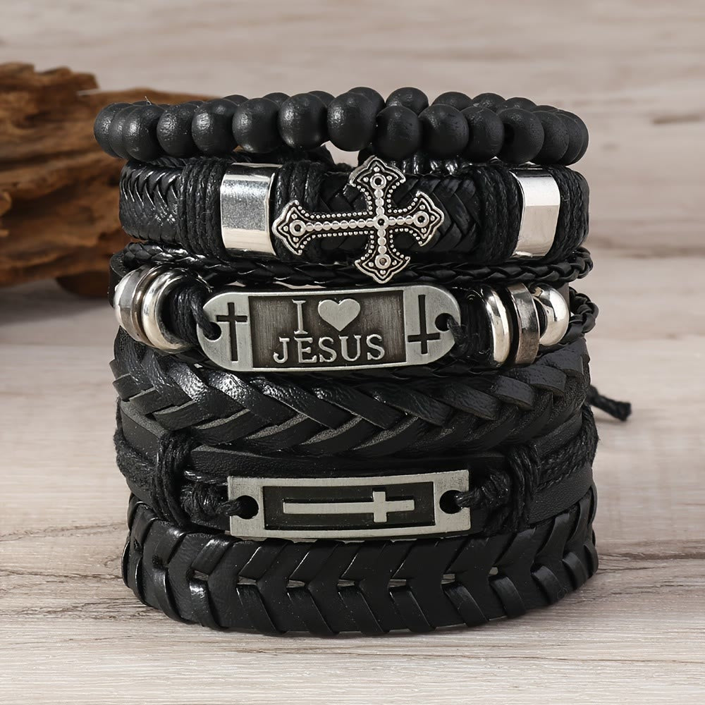 Faith-Driven Leather Bracelet Set of 6: Devotion & Stylish Expression