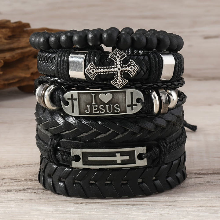 Faith-Driven Leather Bracelet Set of 6: Devotion & Stylish Expression