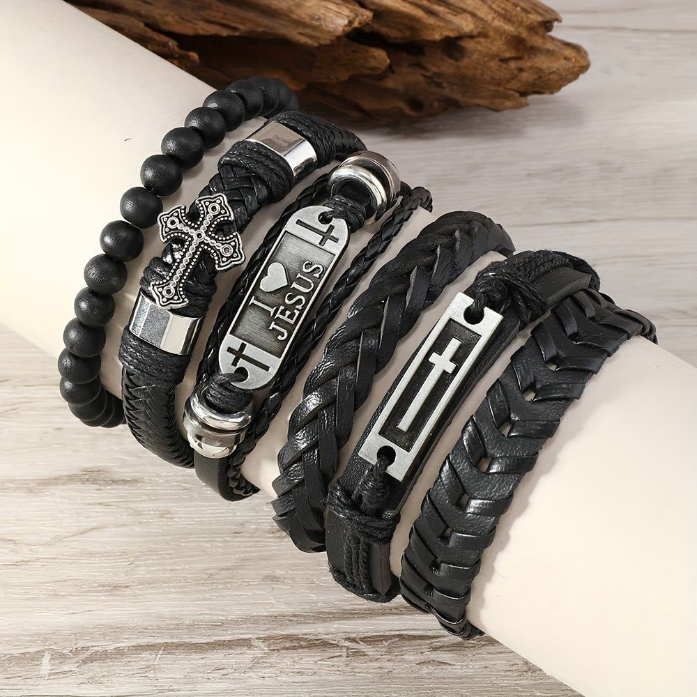 Faith-Driven Leather Bracelet Set of 6: Devotion & Stylish Expression