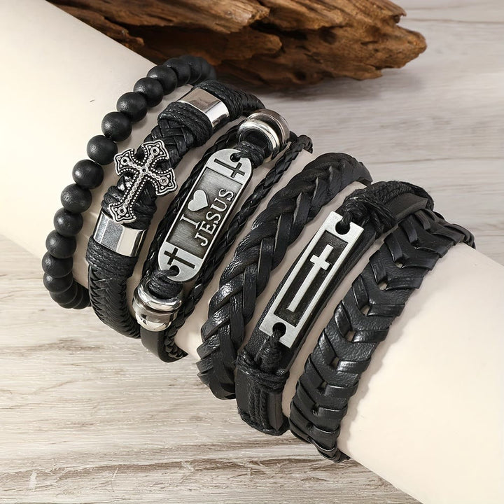 Faith-Driven Leather Bracelet Set of 6: Devotion & Stylish Expression