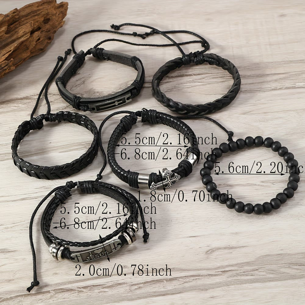 Faith-Driven Leather Bracelet Set of 6: Devotion & Stylish Expression