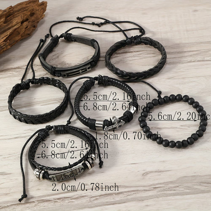 Faith-Driven Leather Bracelet Set of 6: Devotion & Stylish Expression