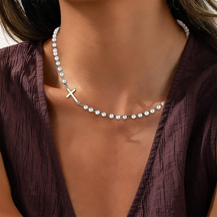 White Beads with Cross Necklace: Elegant Devotion & Faithful Grace