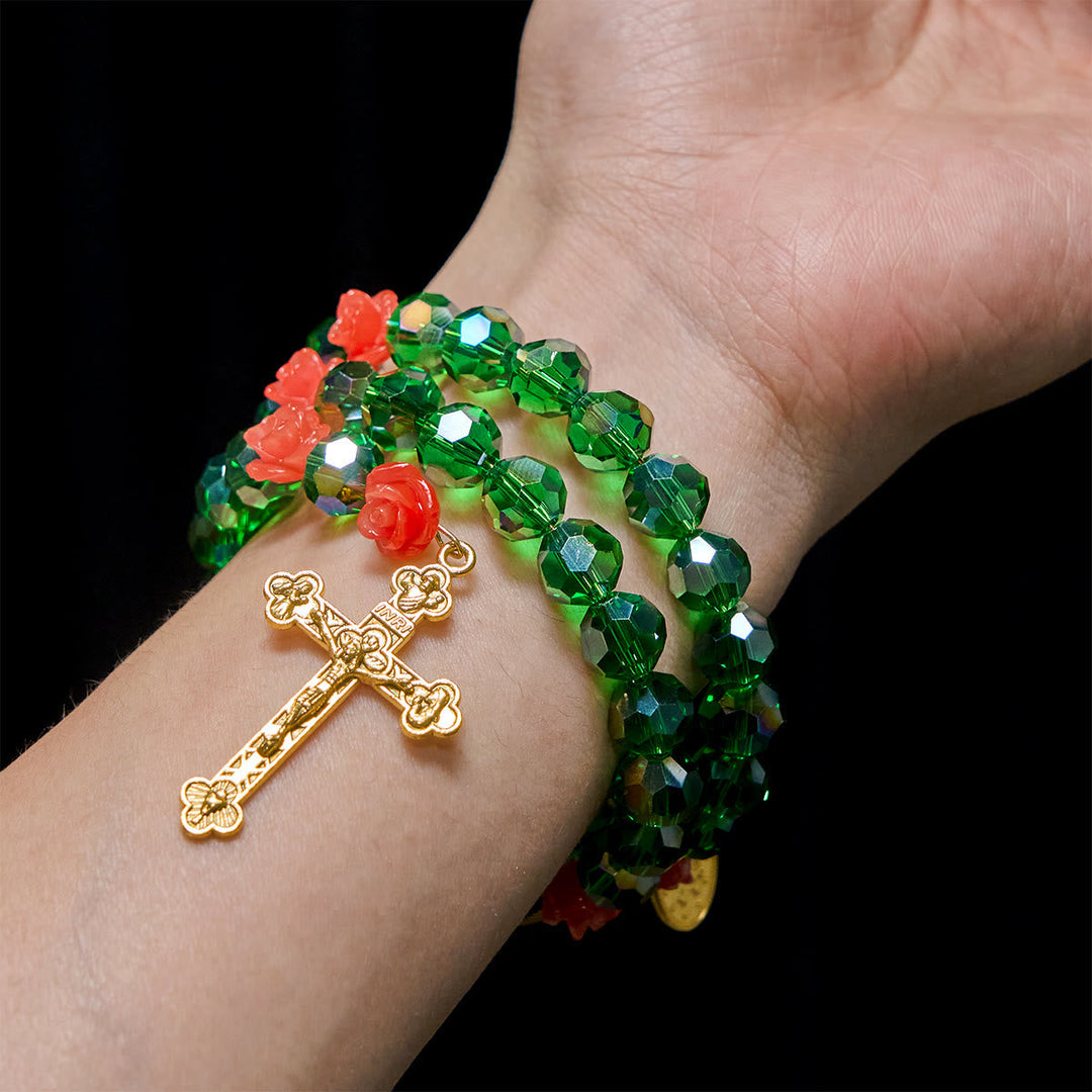 Green Crystal & Rose Rosary Bracelet: Devotion & Floral Grace
