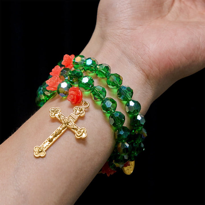 Green Crystal & Rose Rosary Bracelet: Devotion & Floral Grace