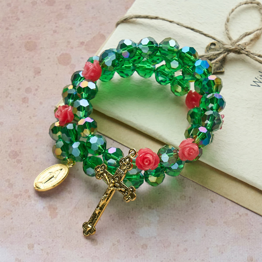 Green Crystal & Rose Rosary Bracelet: Devotion & Floral Grace