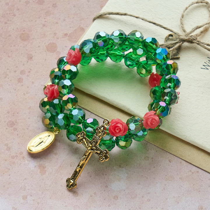 Green Crystal & Rose Rosary Bracelet: Devotion & Floral Grace
