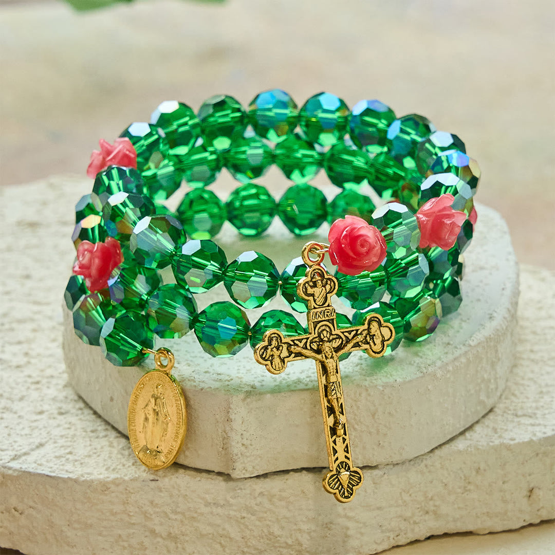 Green Crystal & Rose Rosary Bracelet: Devotion & Floral Grace