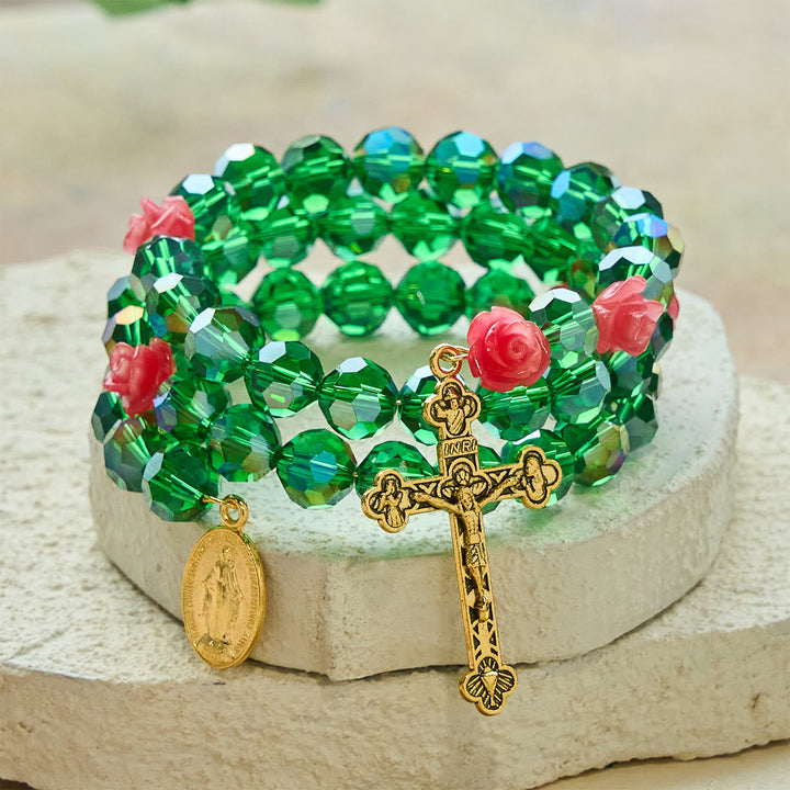 Green Crystal & Rose Rosary Bracelet: Devotion & Floral Grace