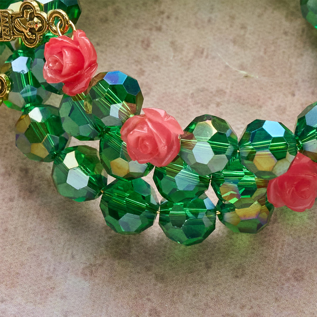 Green Crystal & Rose Rosary Bracelet: Devotion & Floral Grace