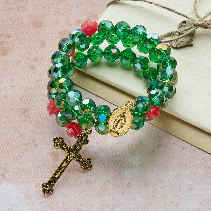 Green Crystal & Rose Rosary Bracelet: Devotion & Floral Grace