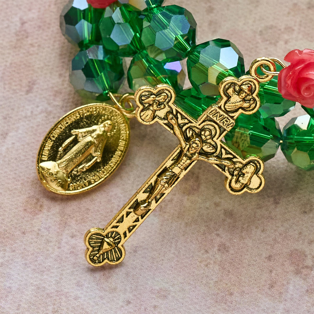 Green Crystal & Rose Rosary Bracelet: Devotion & Floral Grace