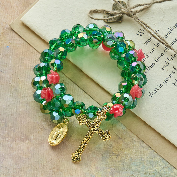 Green Crystal & Rose Rosary Bracelet: Devotion & Floral Grace