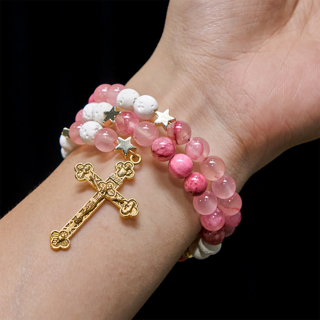 Gypsum & Rose Red Agate Rosary Bracelet: Devotion & Heavenly Softness