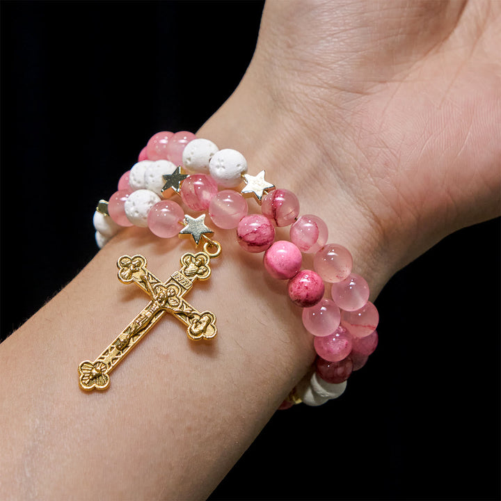 Gypsum & Rose Red Agate Rosary Bracelet: Devotion & Heavenly Softness