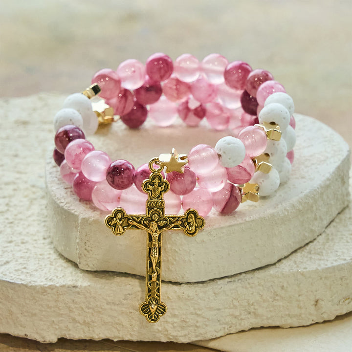 Gypsum & Rose Red Agate Rosary Bracelet: Devotion & Heavenly Softness