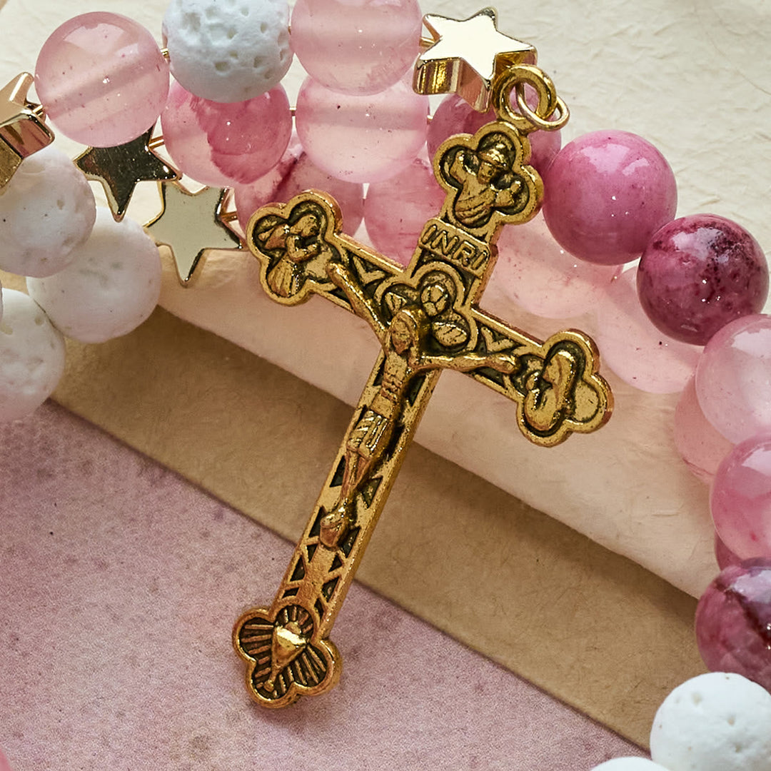 Gypsum & Rose Red Agate Rosary Bracelet: Devotion & Heavenly Softness