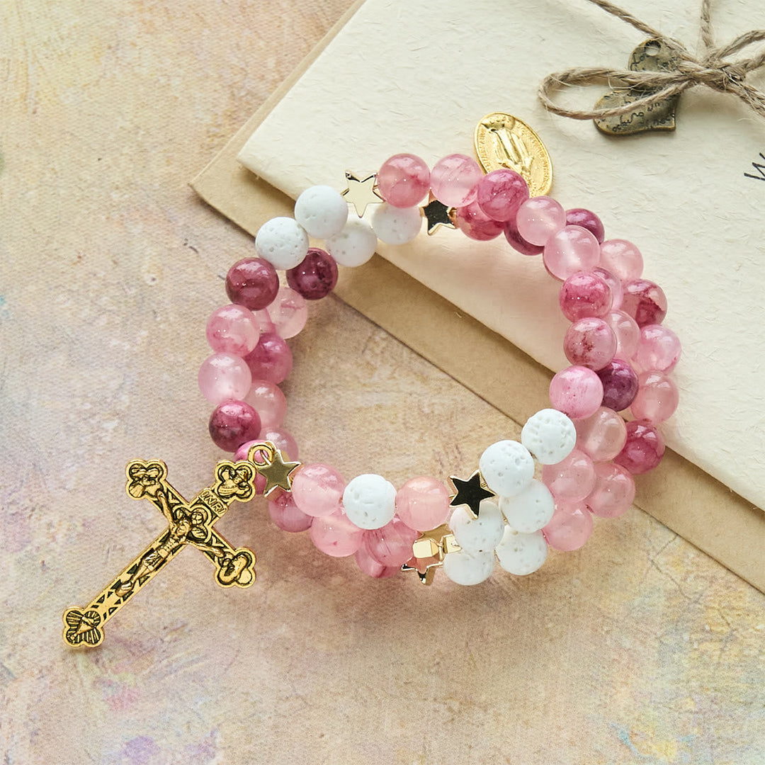Gypsum & Rose Red Agate Rosary Bracelet: Devotion & Heavenly Softness