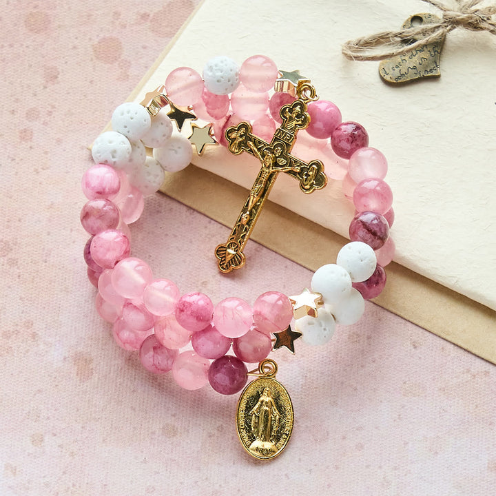 Gypsum & Rose Red Agate Rosary Bracelet: Devotion & Heavenly Softness