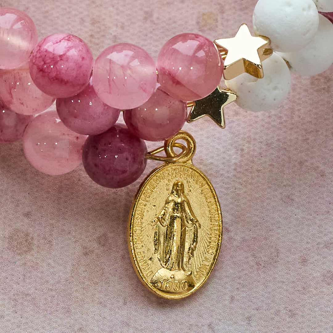 Gypsum & Rose Red Agate Rosary Bracelet: Devotion & Heavenly Softness