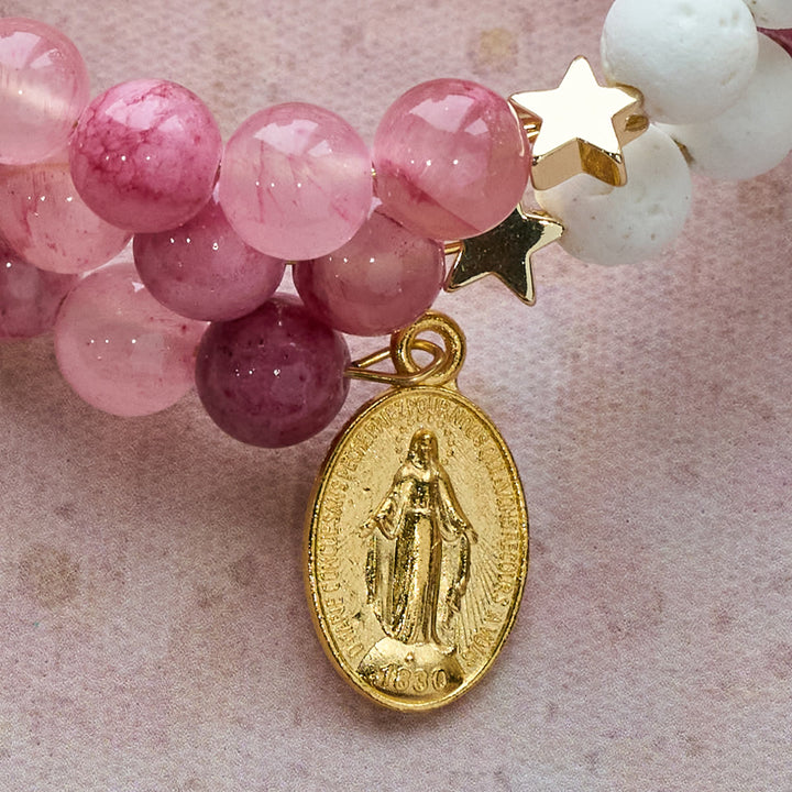 Gypsum & Rose Red Agate Rosary Bracelet: Devotion & Heavenly Softness