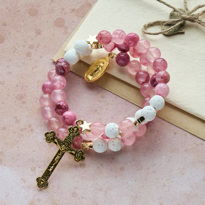 Gypsum & Rose Red Agate Rosary Bracelet: Devotion & Heavenly Softness