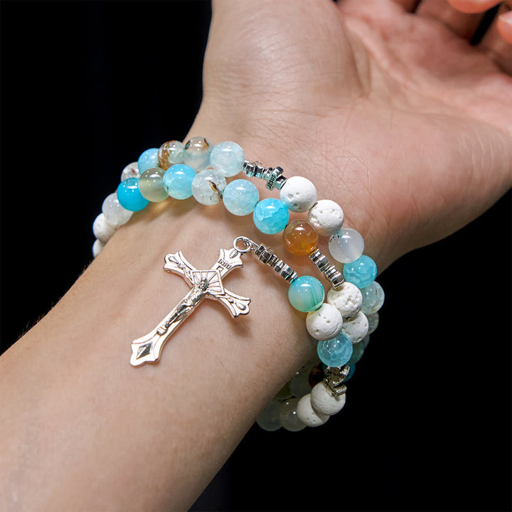 Gypsum & Blue Vein Agate Rosary Bracelet: Devotion & Heavenly Serenity