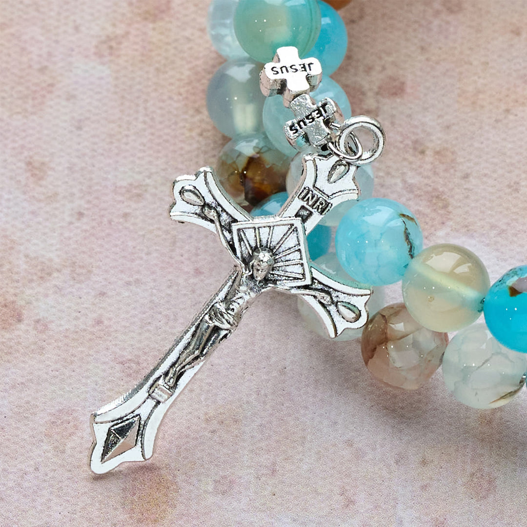 Gypsum & Blue Vein Agate Rosary Bracelet: Devotion & Heavenly Serenity