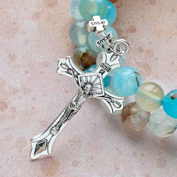 Gypsum & Blue Vein Agate Rosary Bracelet: Devotion & Heavenly Serenity