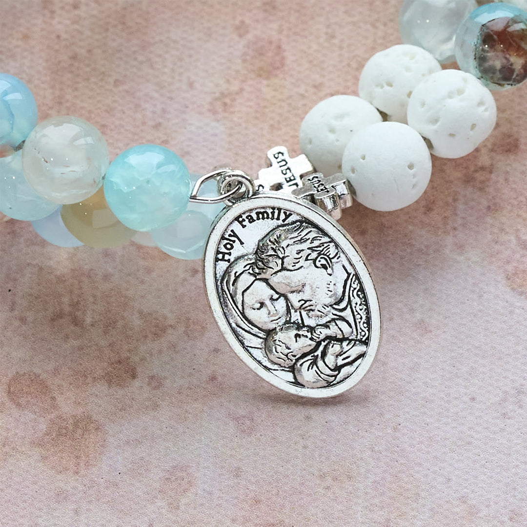 Gypsum & Blue Vein Agate Rosary Bracelet: Devotion & Heavenly Serenity