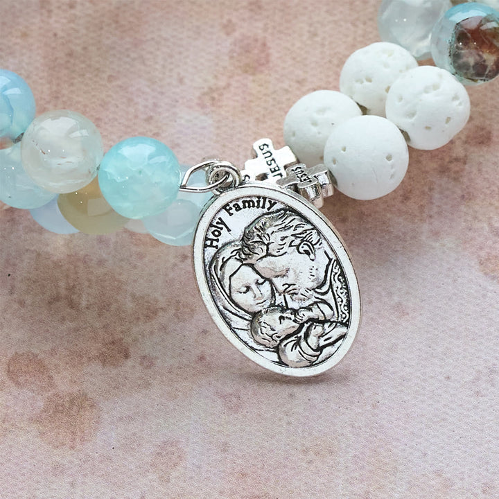 Gypsum & Blue Vein Agate Rosary Bracelet: Devotion & Heavenly Serenity