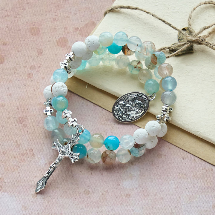 Gypsum & Blue Vein Agate Rosary Bracelet: Devotion & Heavenly Serenity