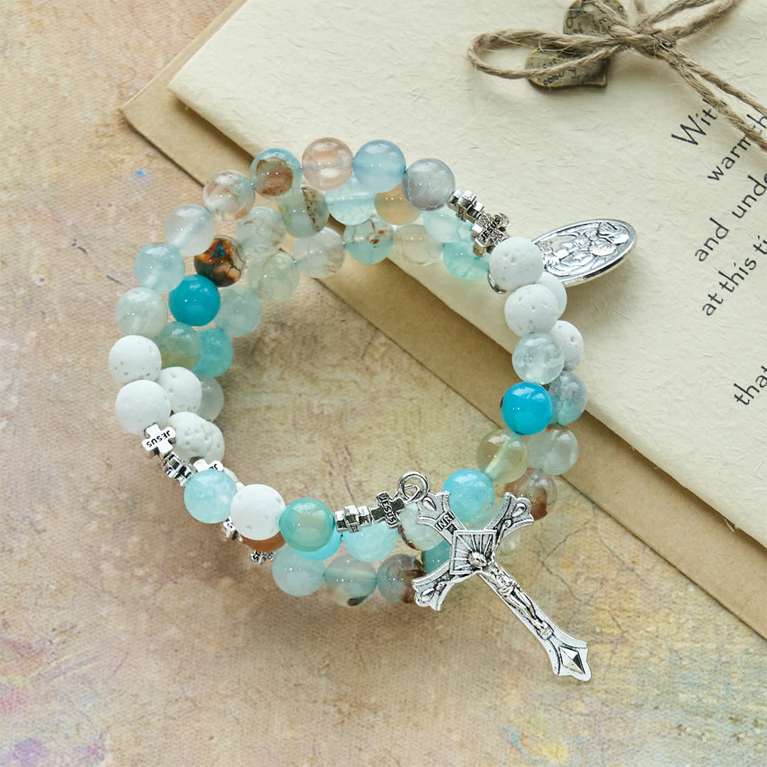 Gypsum & Blue Vein Agate Rosary Bracelet: Devotion & Heavenly Serenity