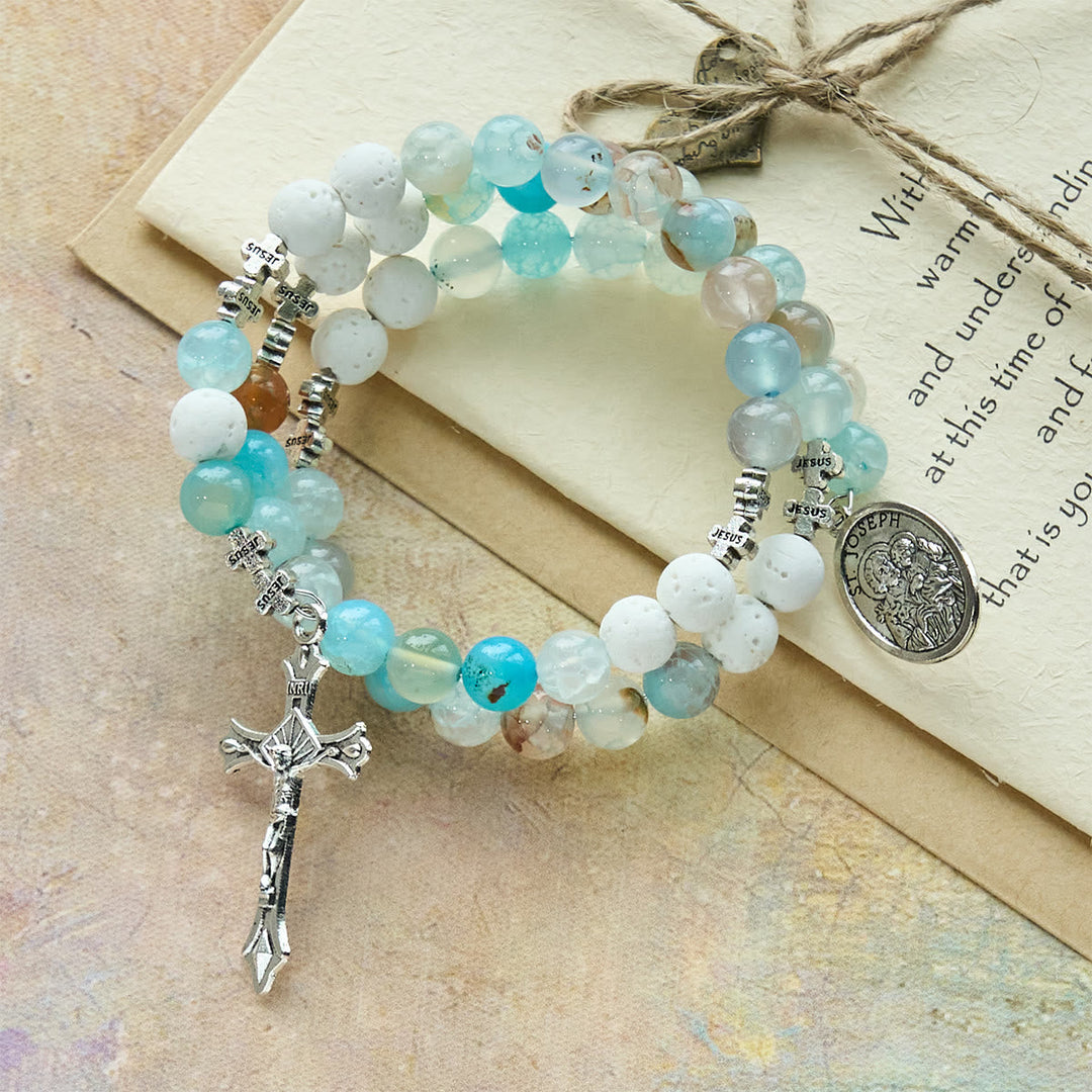 Gypsum & Blue Vein Agate Rosary Bracelet: Devotion & Heavenly Serenity