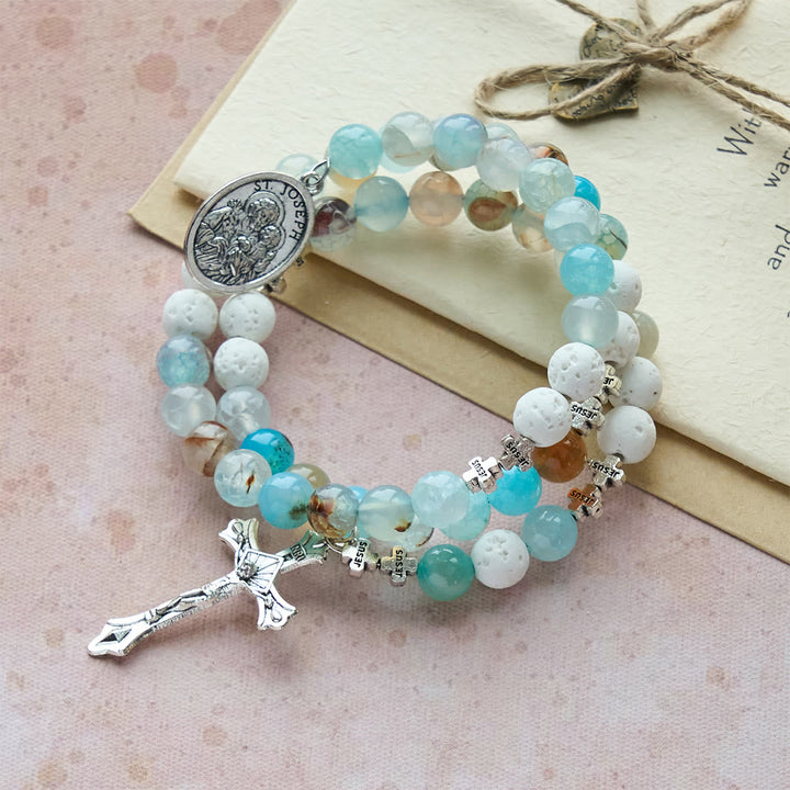 Gypsum & Blue Vein Agate Rosary Bracelet: Devotion & Heavenly Serenity