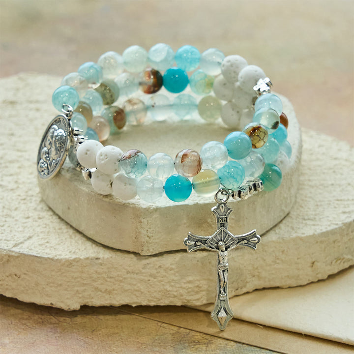 Gypsum & Blue Vein Agate Rosary Bracelet: Devotion & Heavenly Serenity