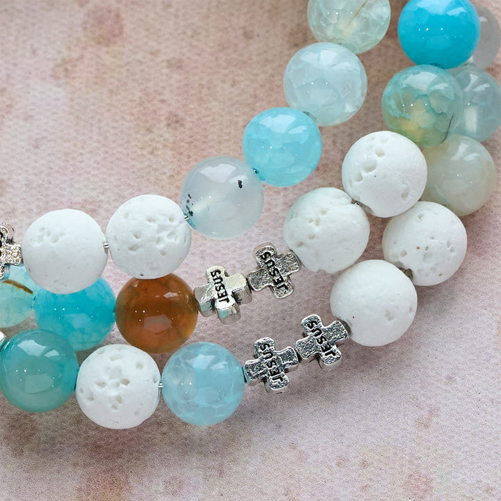 Gypsum & Blue Vein Agate Rosary Bracelet: Devotion & Heavenly Serenity