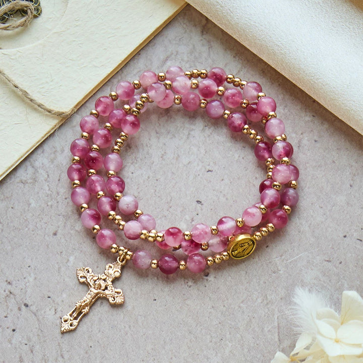 Rose Red Agate Bead Rosary Bracelet: Devotion & Heavenly Elegance
