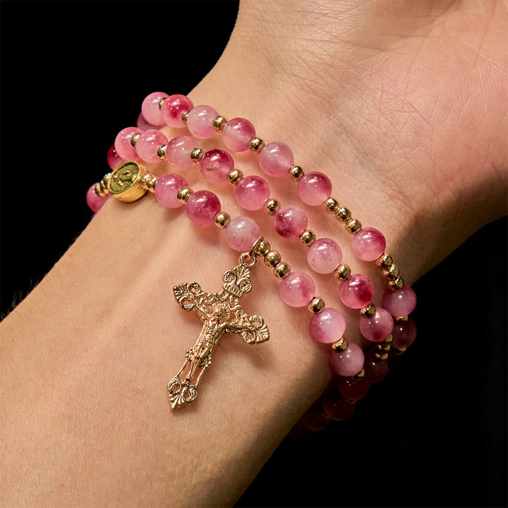 Rose Red Agate Bead Rosary Bracelet: Devotion & Heavenly Elegance