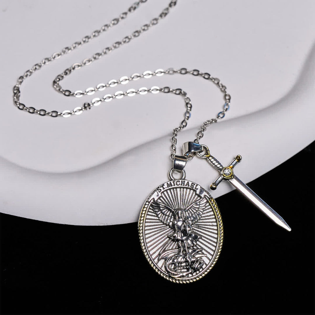 Two Tone Sword & Oval Shield St. Michael Pendant Necklace