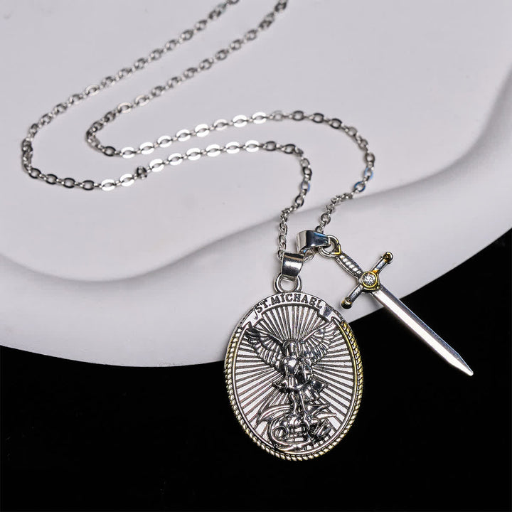 Two Tone Sword & Oval Shield St. Michael Pendant Necklace