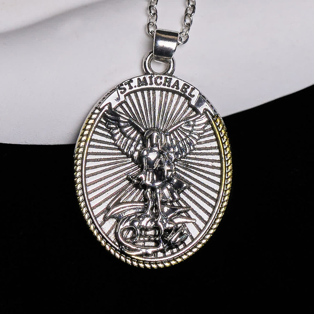 Two Tone Sword & Oval Shield St. Michael Pendant Necklace