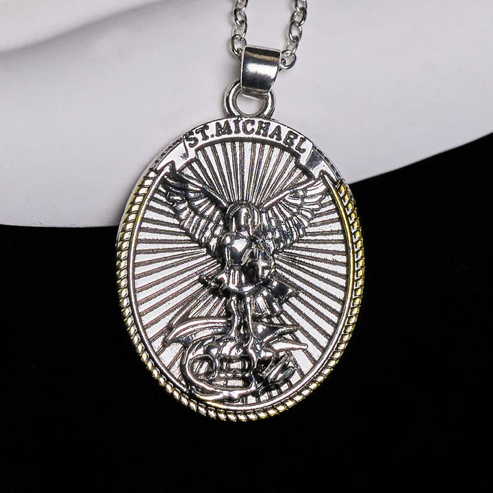 Two Tone Sword & Oval Shield St. Michael Pendant Necklace
