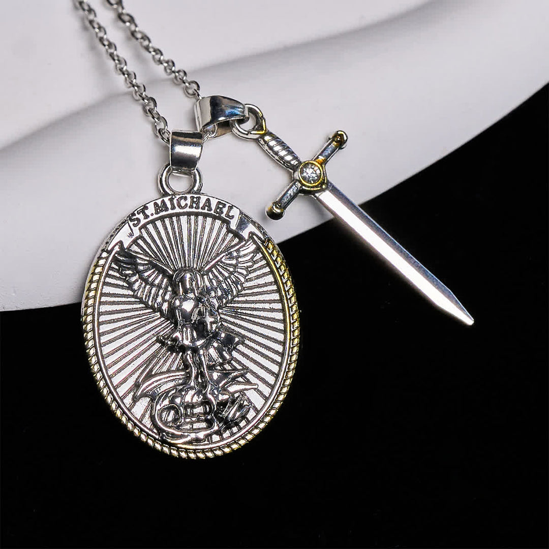 Two Tone Sword & Oval Shield St. Michael Pendant Necklace
