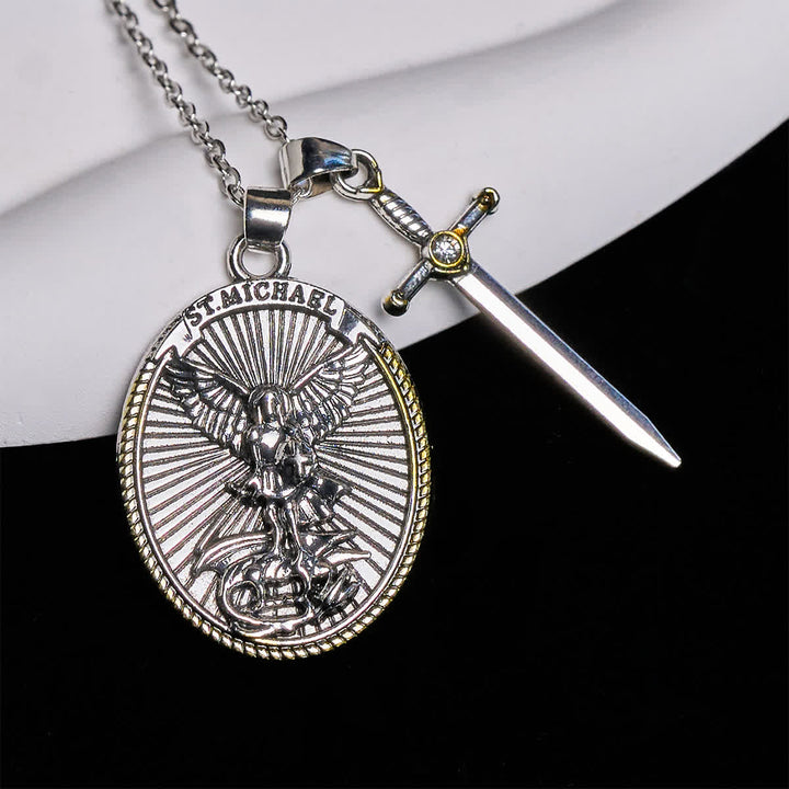 Two Tone Sword & Oval Shield St. Michael Pendant Necklace