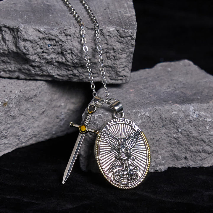 Two Tone Sword & Oval Shield St. Michael Pendant Necklace