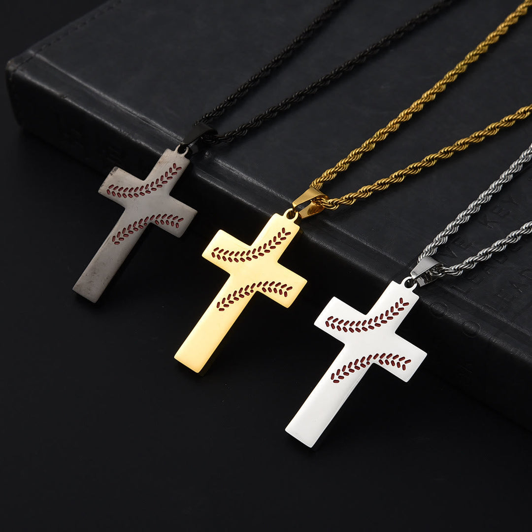 Baseball Stitch Cross Necklace: Athletic Devotion & Inspirational Quote