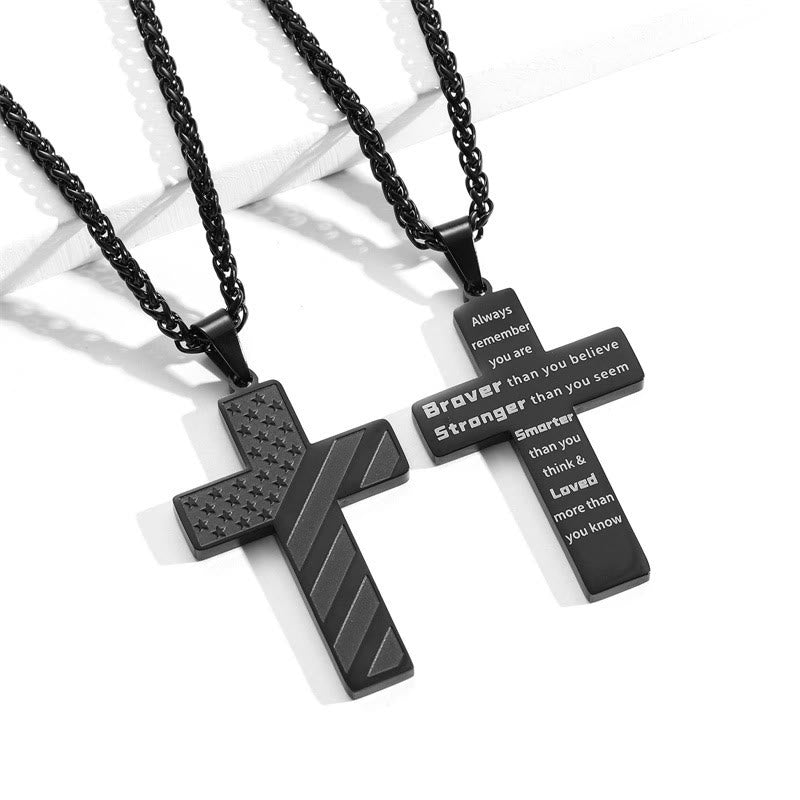 Tri-Color Cross Necklace with American Flag & Scripture: A Patriotic Expression