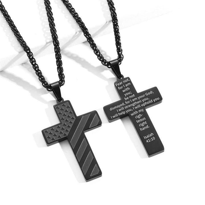 Tri-Color Cross Necklace with American Flag & Scripture: A Patriotic Expression